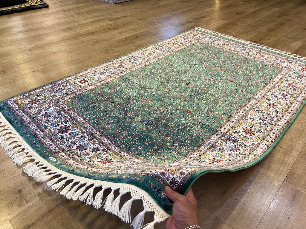 Green Modal Silk Turkish Carpet, 4x6 ft, Living Room Rug