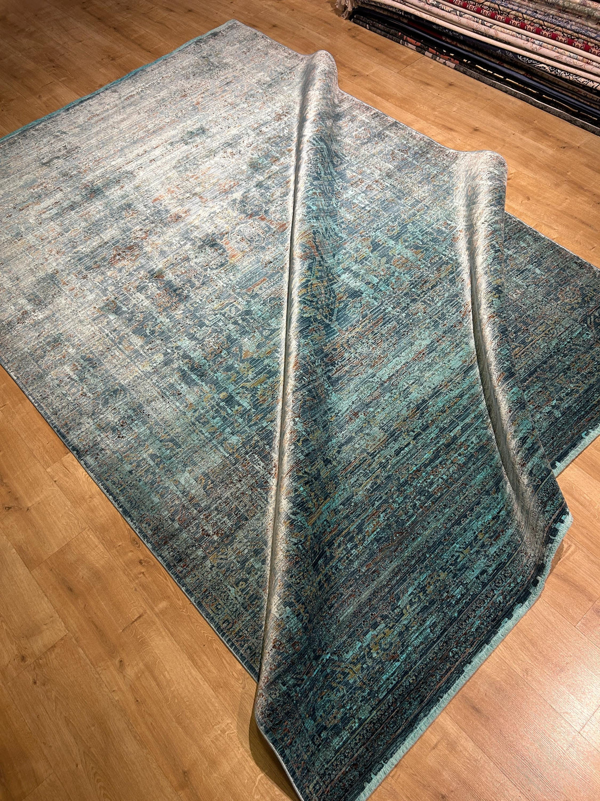 7x10 ft Turquoise Bamboo Rug, Distressed Pattern, Modern Rug