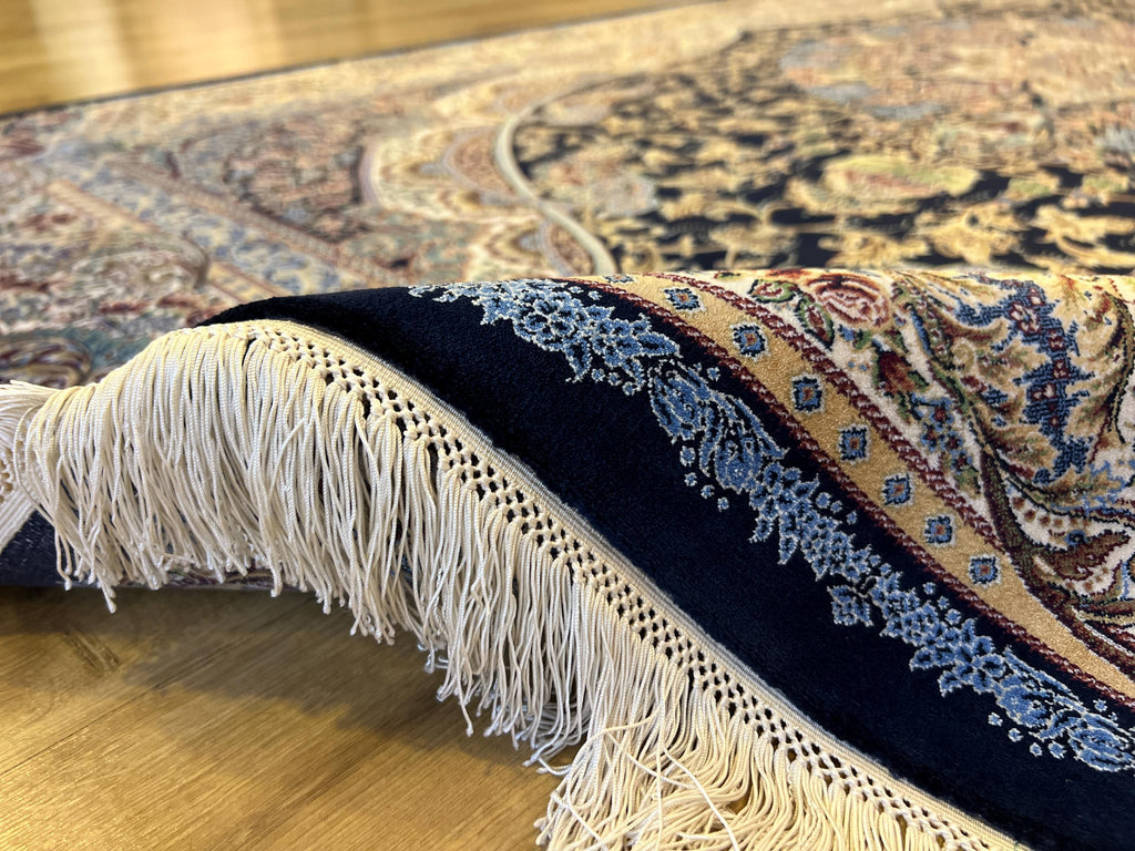 5x8 ft Black Blue Silk Carpet, Luxury Turkish Home Decor, Medallion Silk Rug