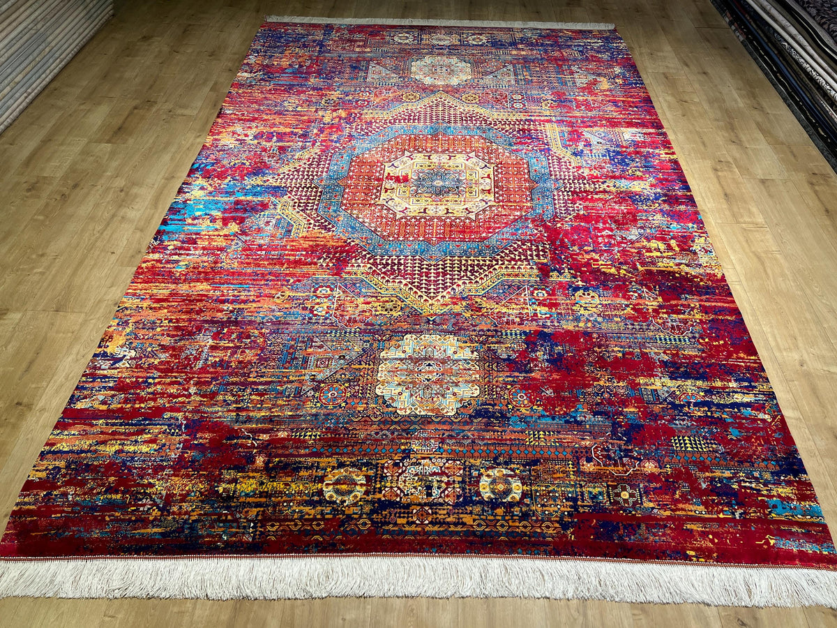 7x10 Ft Red Blue Colourful Silk Rug, Luxury Medallion Design, Traditional Pattern