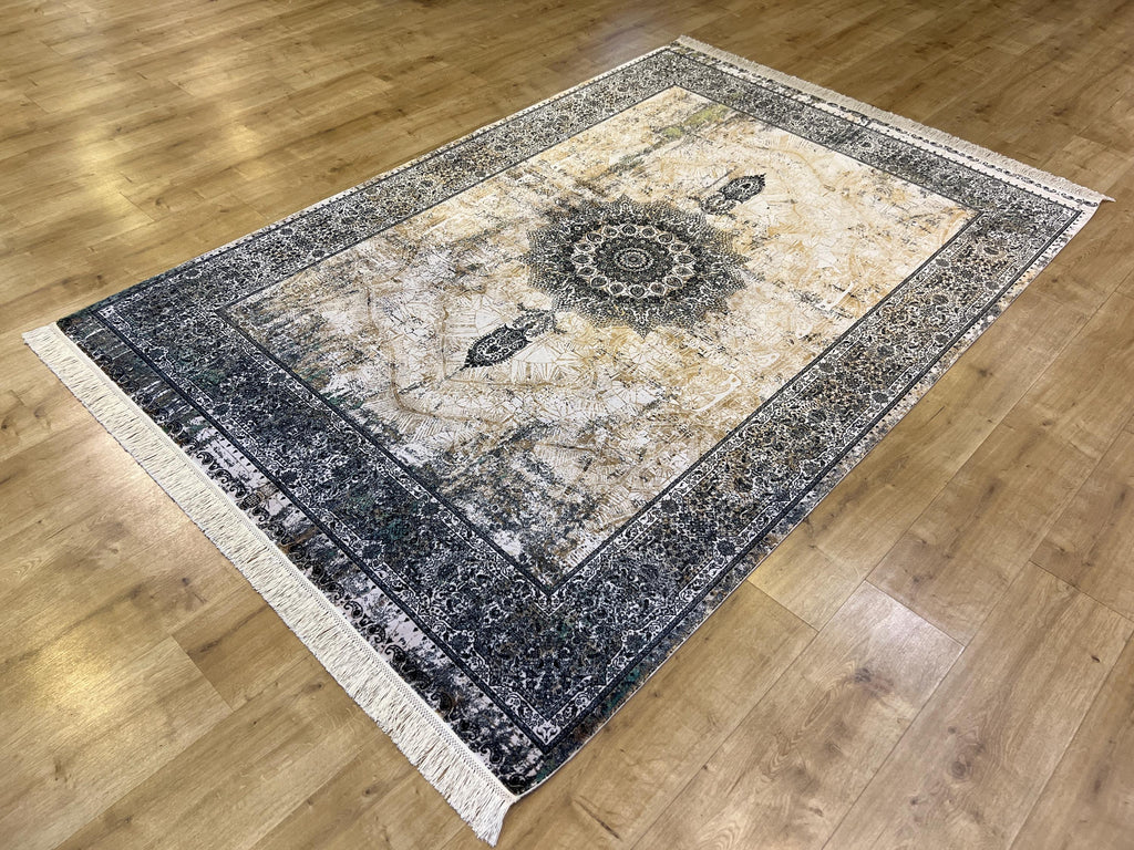 Cream Silk Rug, Grey Border Antique Medallion Classic Design