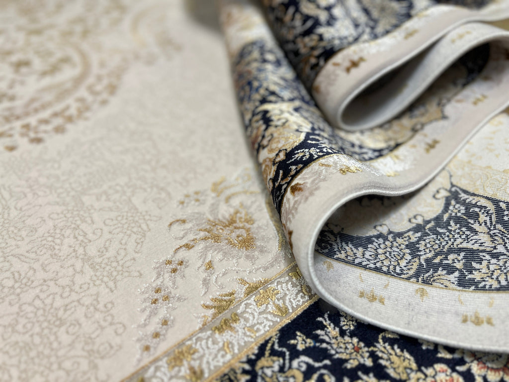 7x10 ft Modal Silk Turkish Rug, Gold & Blue Carpet
