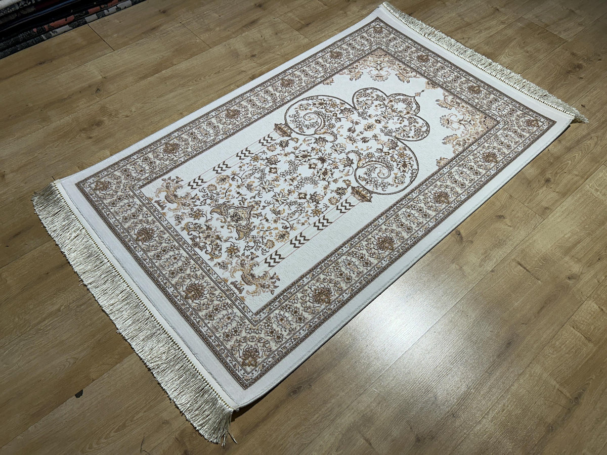 2.55x4.10 Ft Ivory Brown Silk Prayer Rug, Muslim Gift Prayer Mat