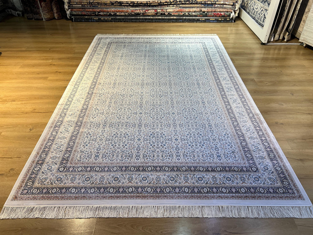 7x10 ft Ivory Silk Rug with Floral Border, Oversize Rug, Classic Turkish Style