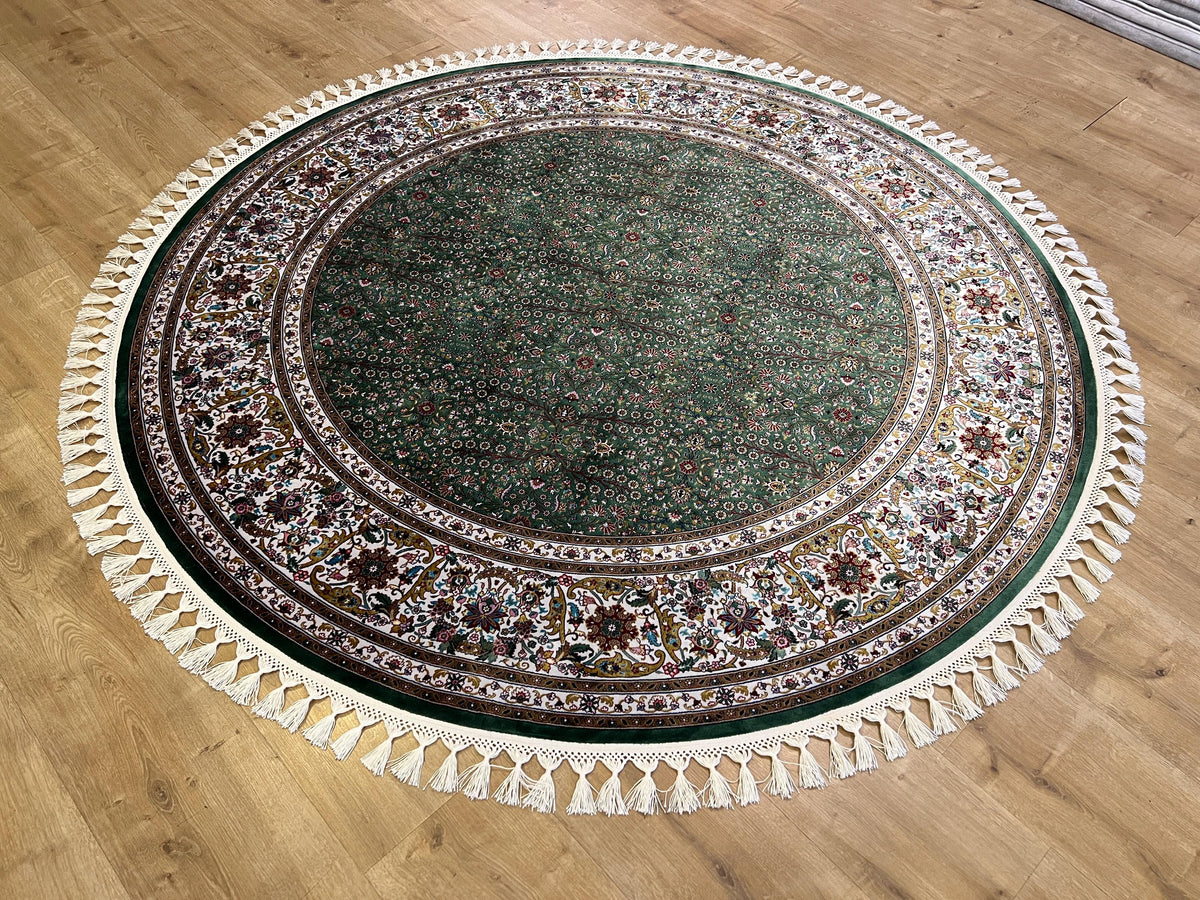 Green Beige Silk Circle Rug, Turkish Carpet, 5.24 ft