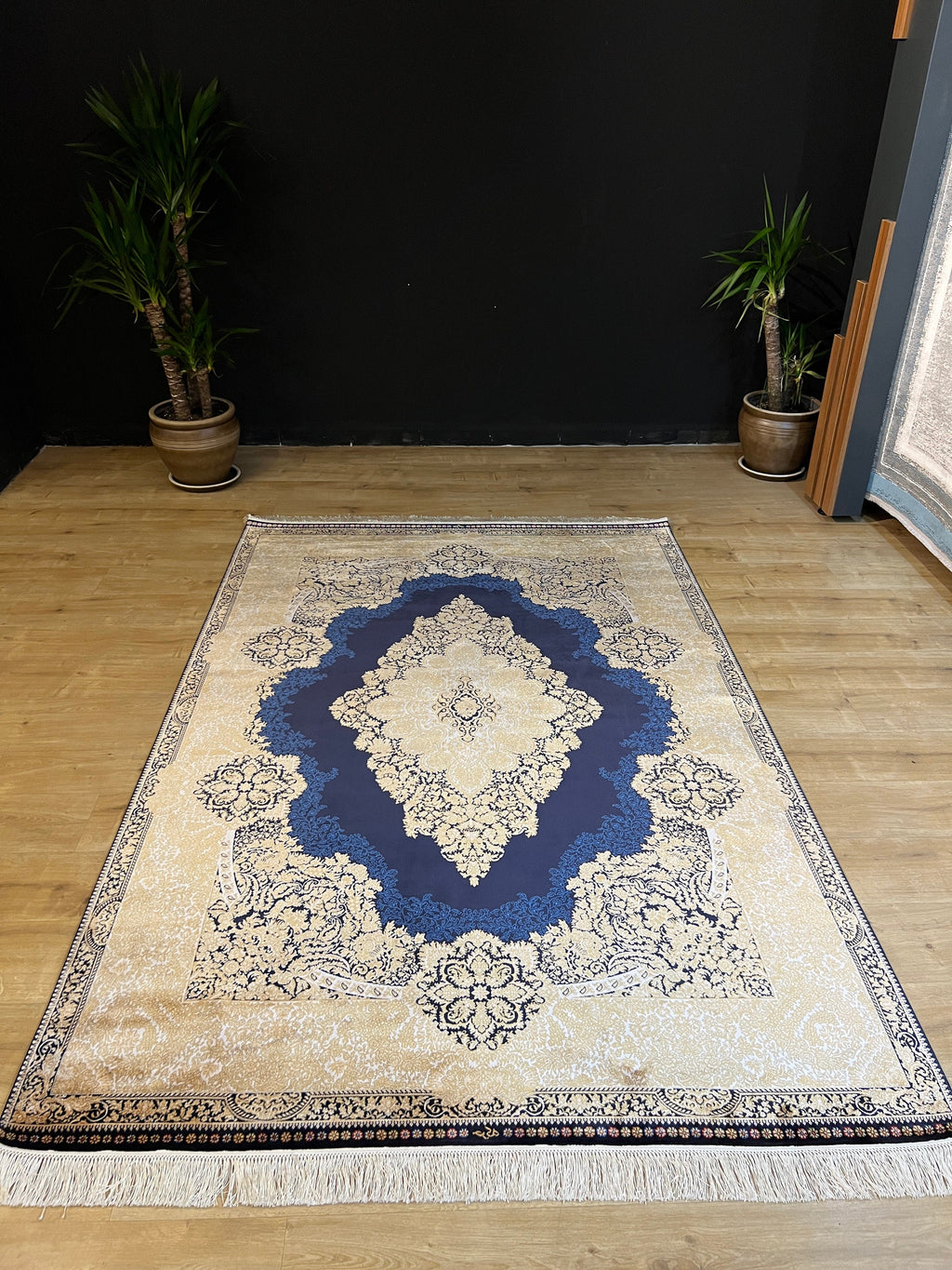5x8 ft Dark Blue Silk Rug, Gold Medallion Design, Luxury Turkish Home Decor