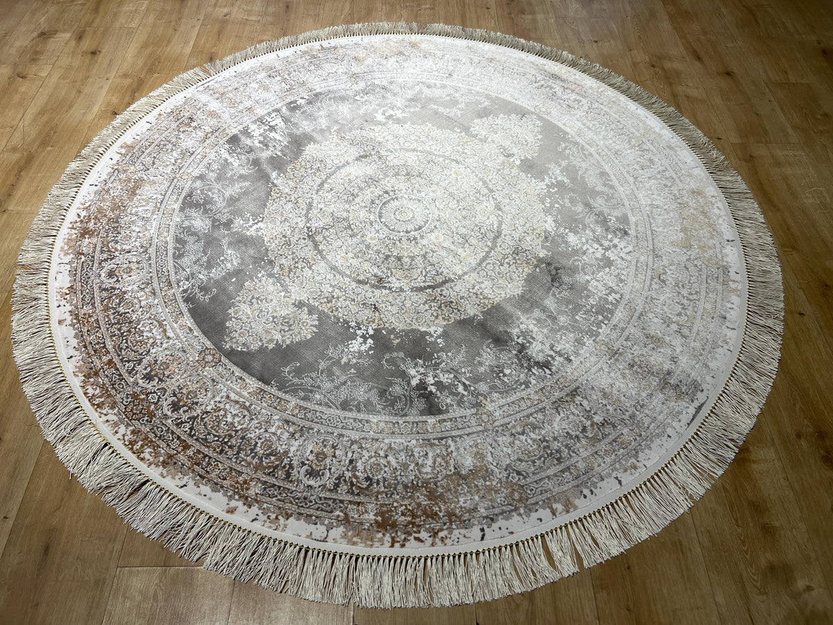 5x5 Ft Gray Brown Silk Rug, Medallion Design, Classic Luxury Area Rug