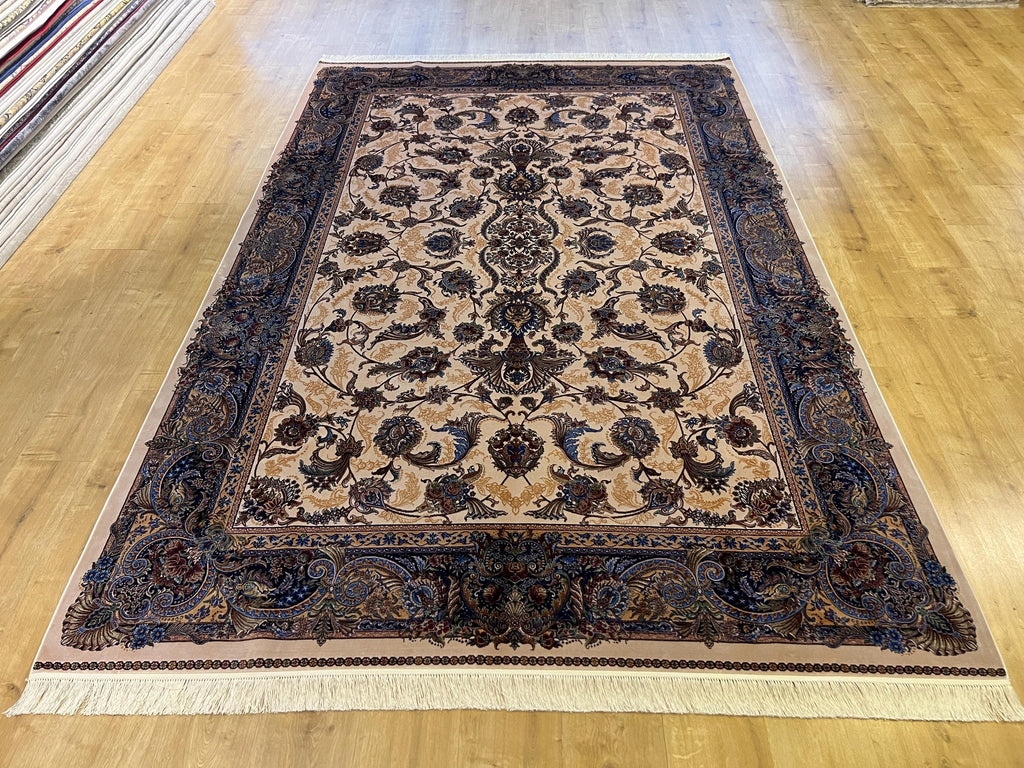 7x10 ft Ivory Silk Rug, Navy Border Classic Turkish Style, Oversize Rug
