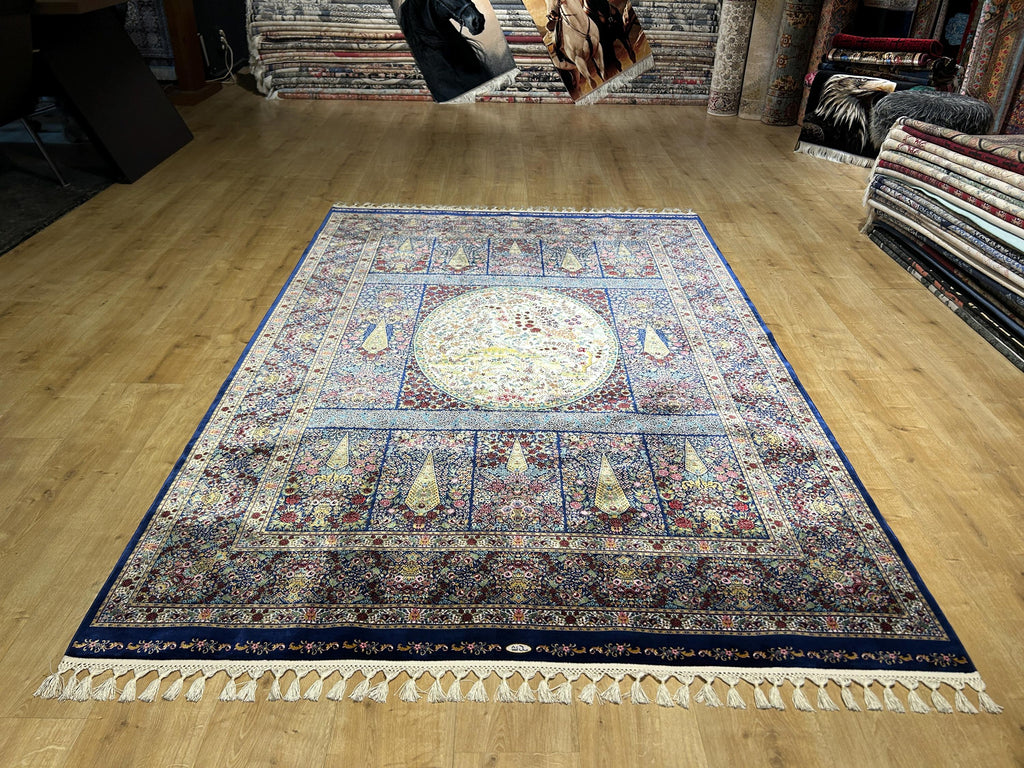 Navy Blue Floral Silk Rug, Tree Design Carpet, Luxury Classic Carpet