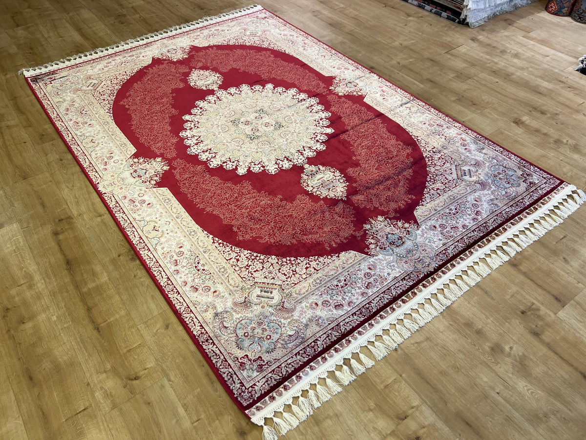 5x8 ft Red Silk Rug, Grand Gold Medallion, Classic Turkish Style, Luxury Carpet