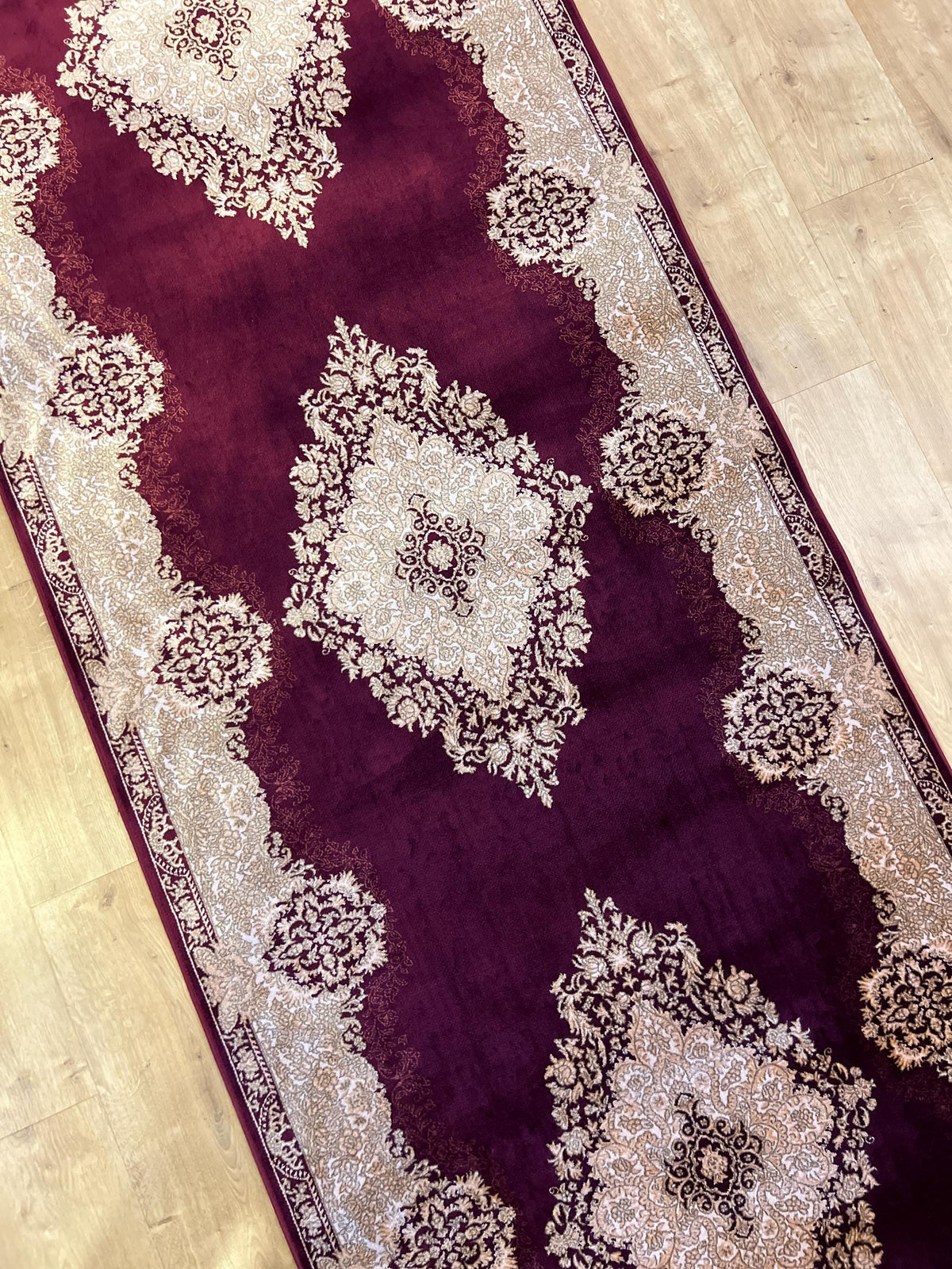 Red Gold Medallion Silk Rug, Turkish Carpet, 3x10 ft