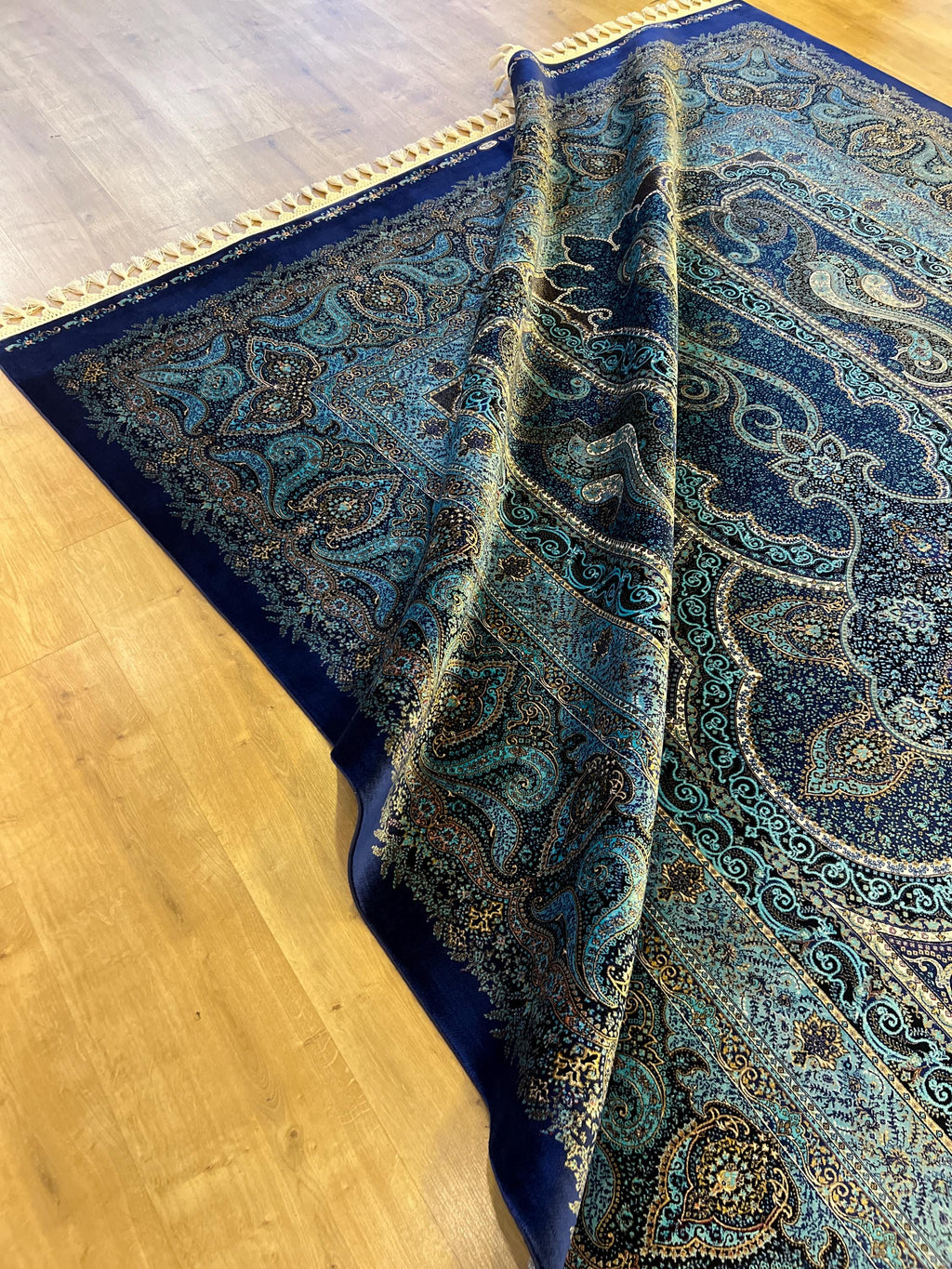 Navy Blue Classic Medallion Design Silk Rug, Traditional Turkish Style