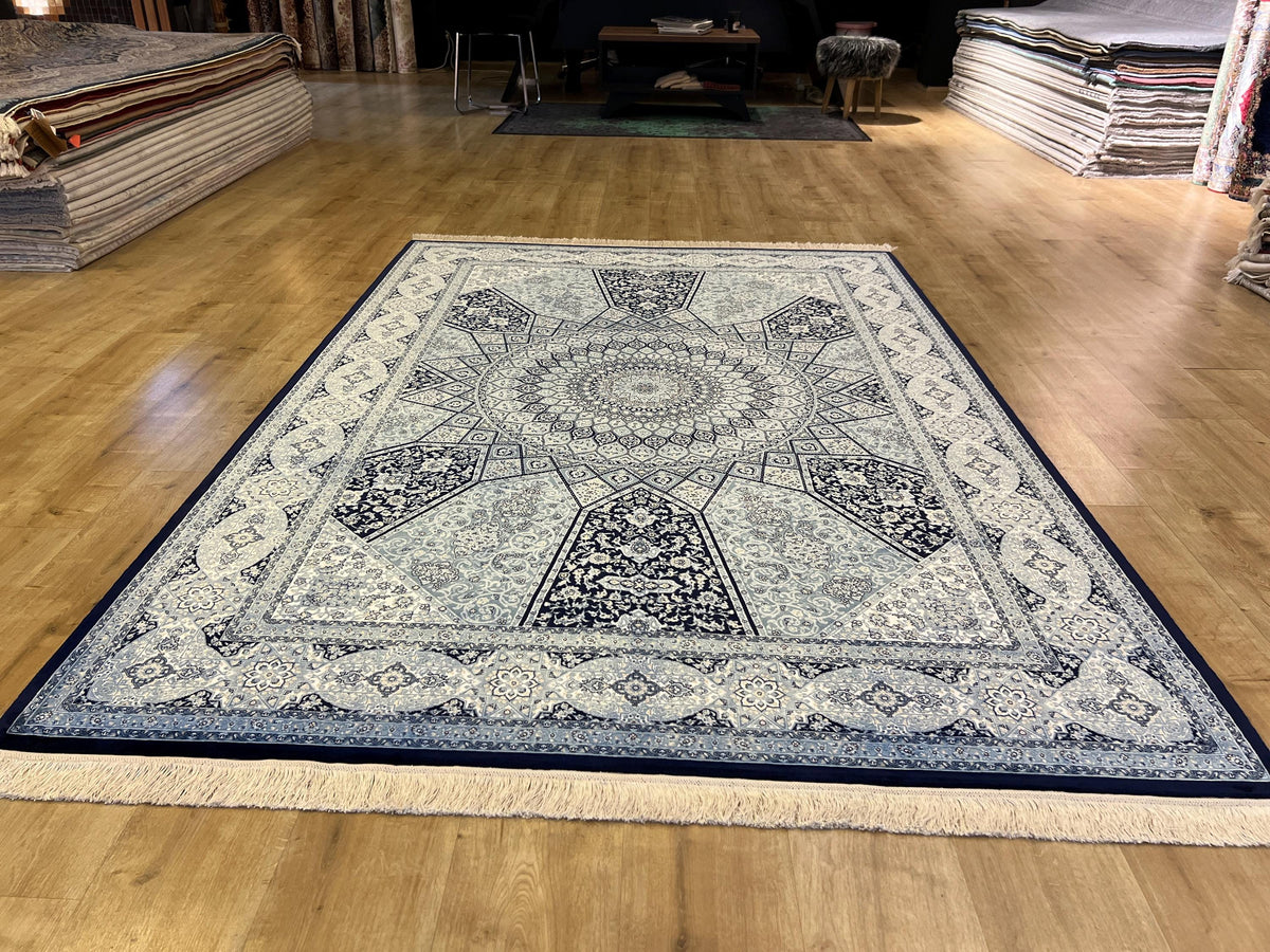 5x8 Silk Rug, Navy Blue White Medallion, Classic Turkish Style, Luxury Carpet