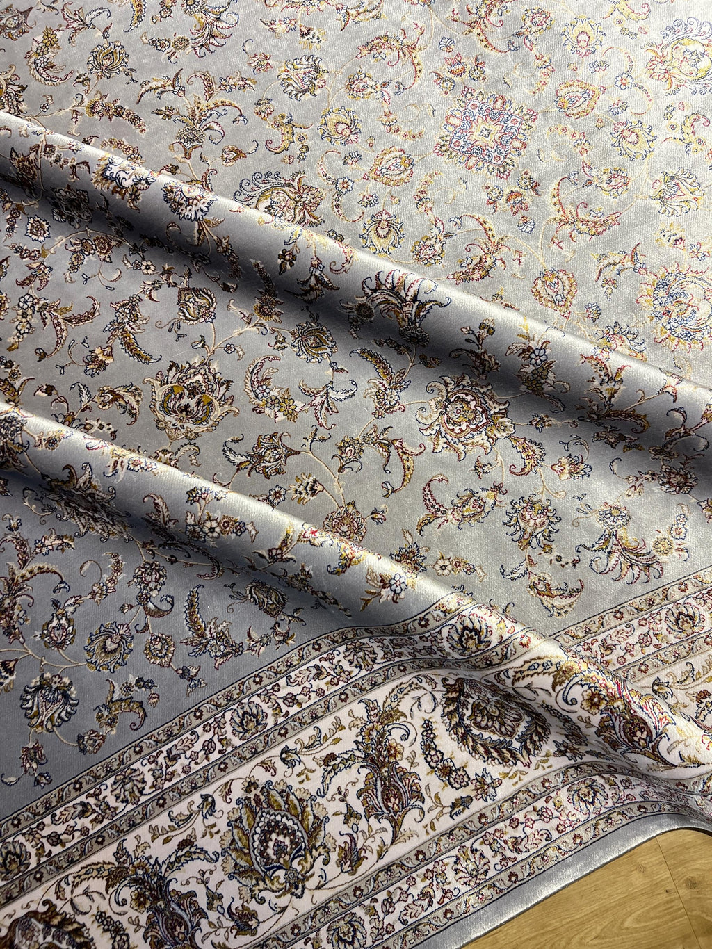 7x10 ft Gray Floral Silk Rug, Classic Turkish Silk Carpet, Luxury Home Decor