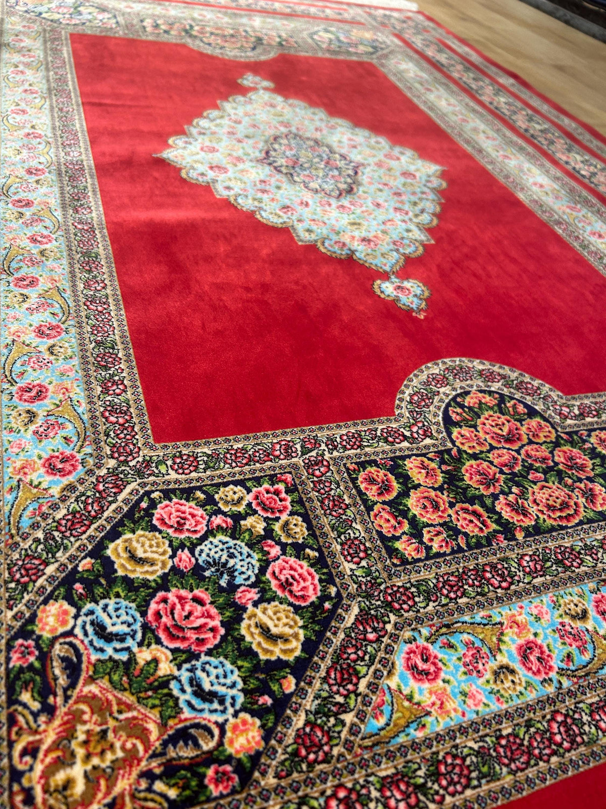 Red Silk Rug, Floral Medallion and Border Design Classic Luxury Silk Carpet