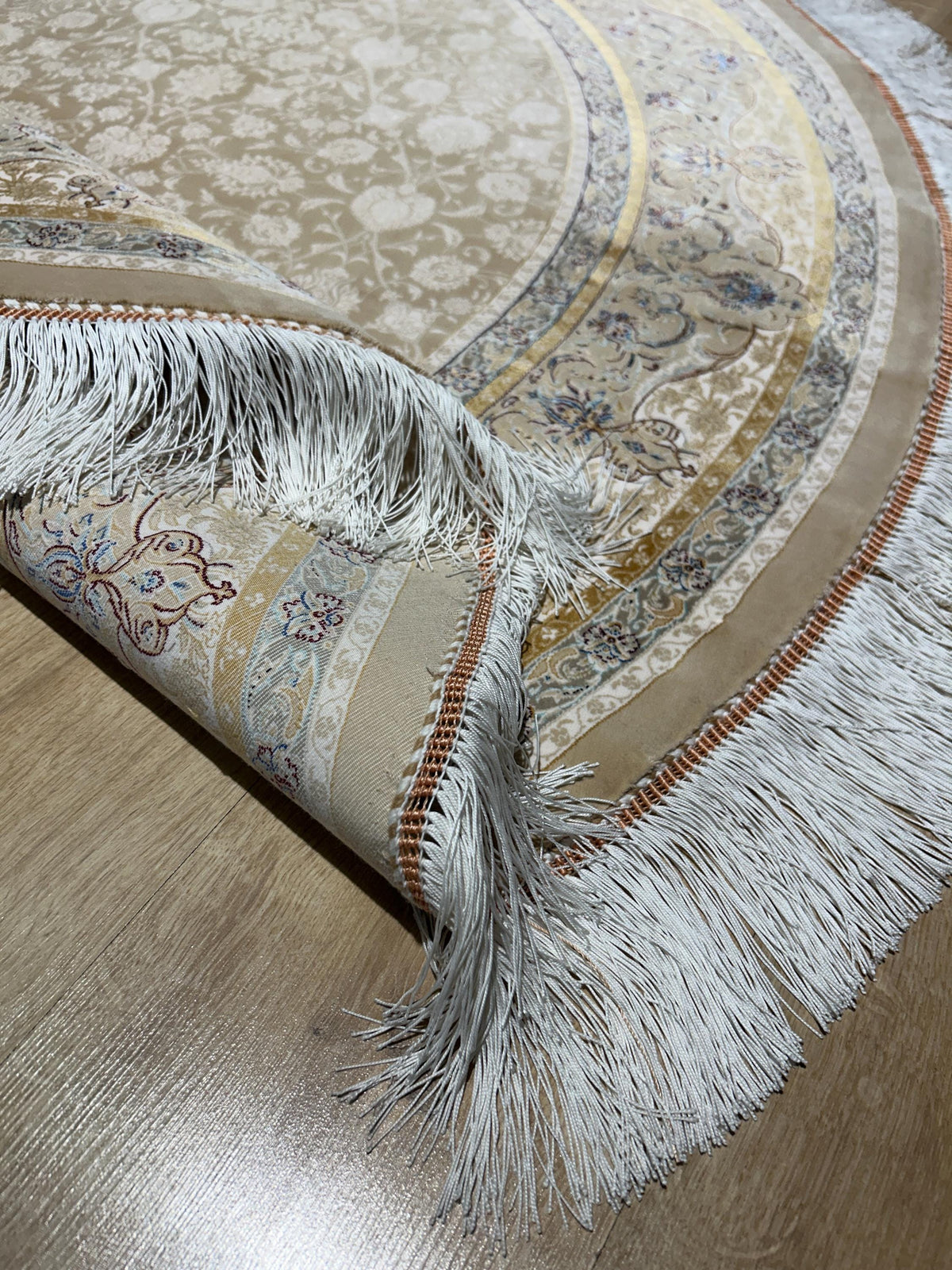 5x5 ft Beige Round Silk Rug, Classic Turkish Style Carpet, Floral Design