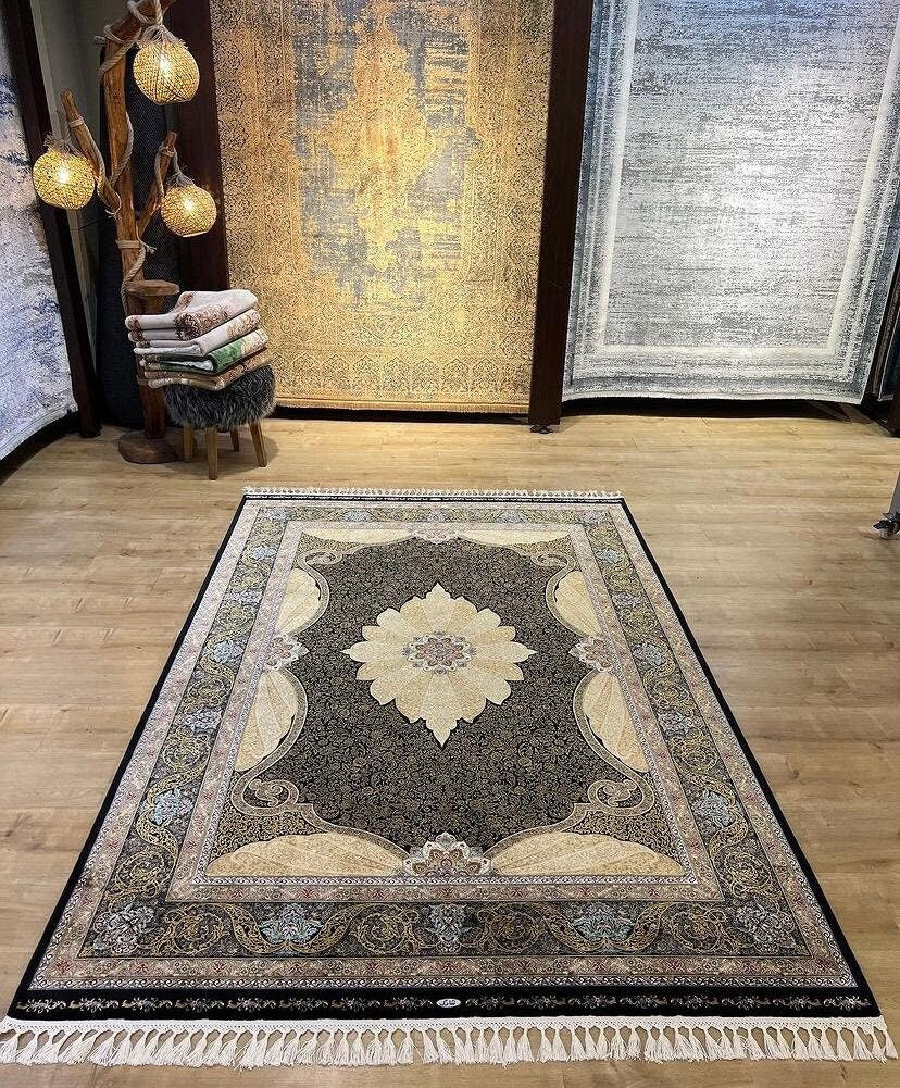 Black Gold Modal Silk Rug, Classic Turkish Style, Medallion Pattern