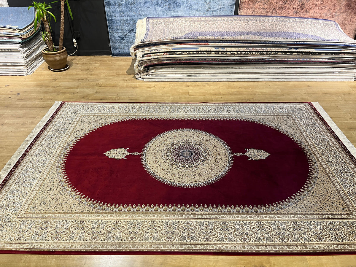 7x10 ft Silk Rug, Red Ground Gold Medallion Classic Design Silk Carpet