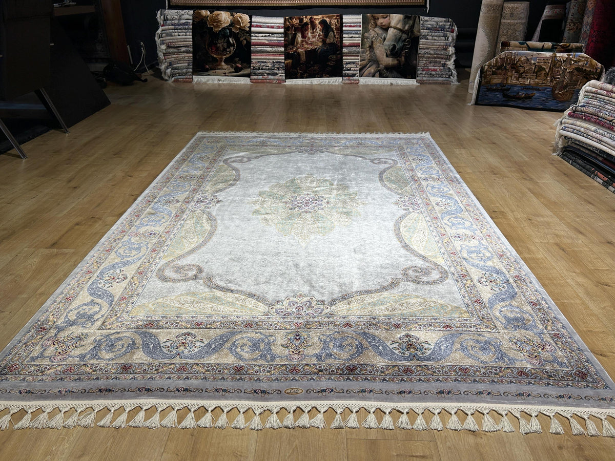 Gray Silk Rug, Gold Blue Medallion, Classic Traditional Style Carpet