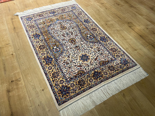 2.62x4.10 Ft Ivory Beige Silk Prayer Rug With Floral Design, Muslim Gift Prayer Mat