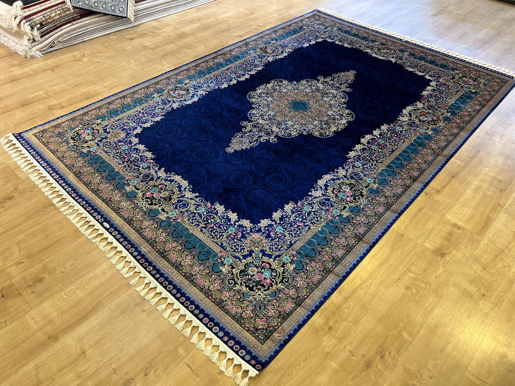 7x10 ft Navy Blue Silk Rug with Floral Medallion, Classic Turkish Style