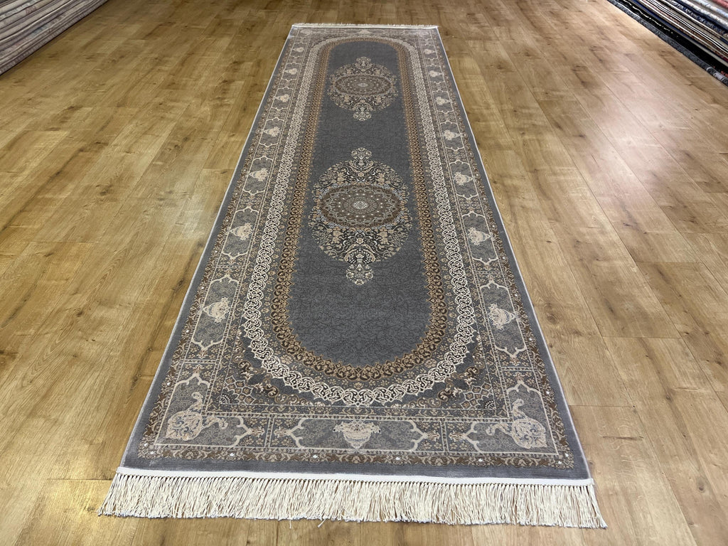 Gray Medallion Turkish Silk Runner Rug, Classic Luxury Hallway Rug