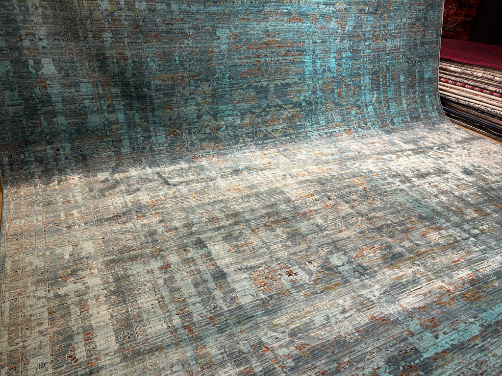 10x13 ft Turquoise Bamboo Rug, Distressed Pattern, Modern Rug