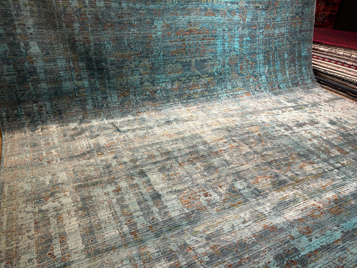10x13 ft Turquoise Bamboo Rug, Distressed Pattern, Modern Rug