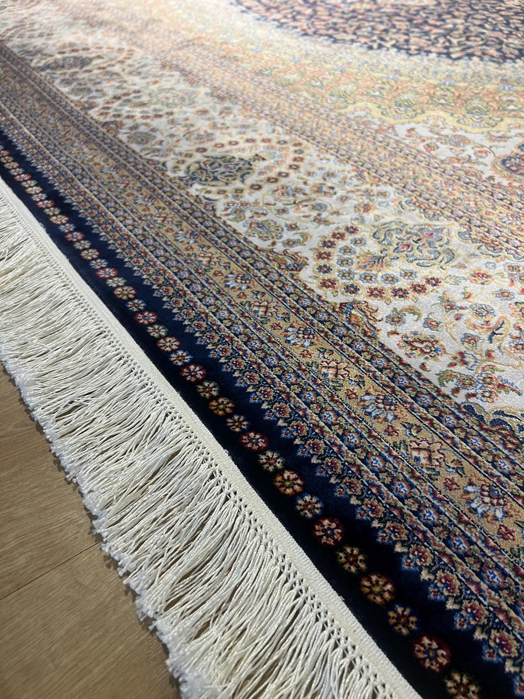 8x11 ft Dark Blue Silk Rug with Gold Medallion, Classic Turkish Style Luxury Carpet