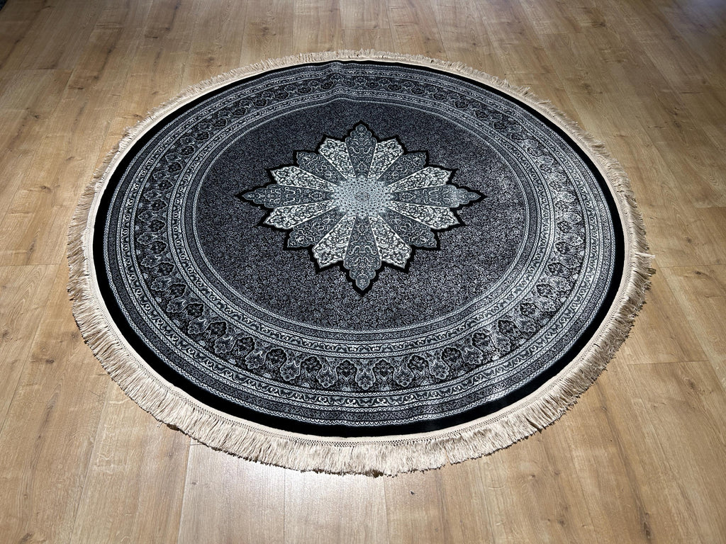 Black Gray Round Silk Rug, Medallion Design, Classic Luxury Area Rug