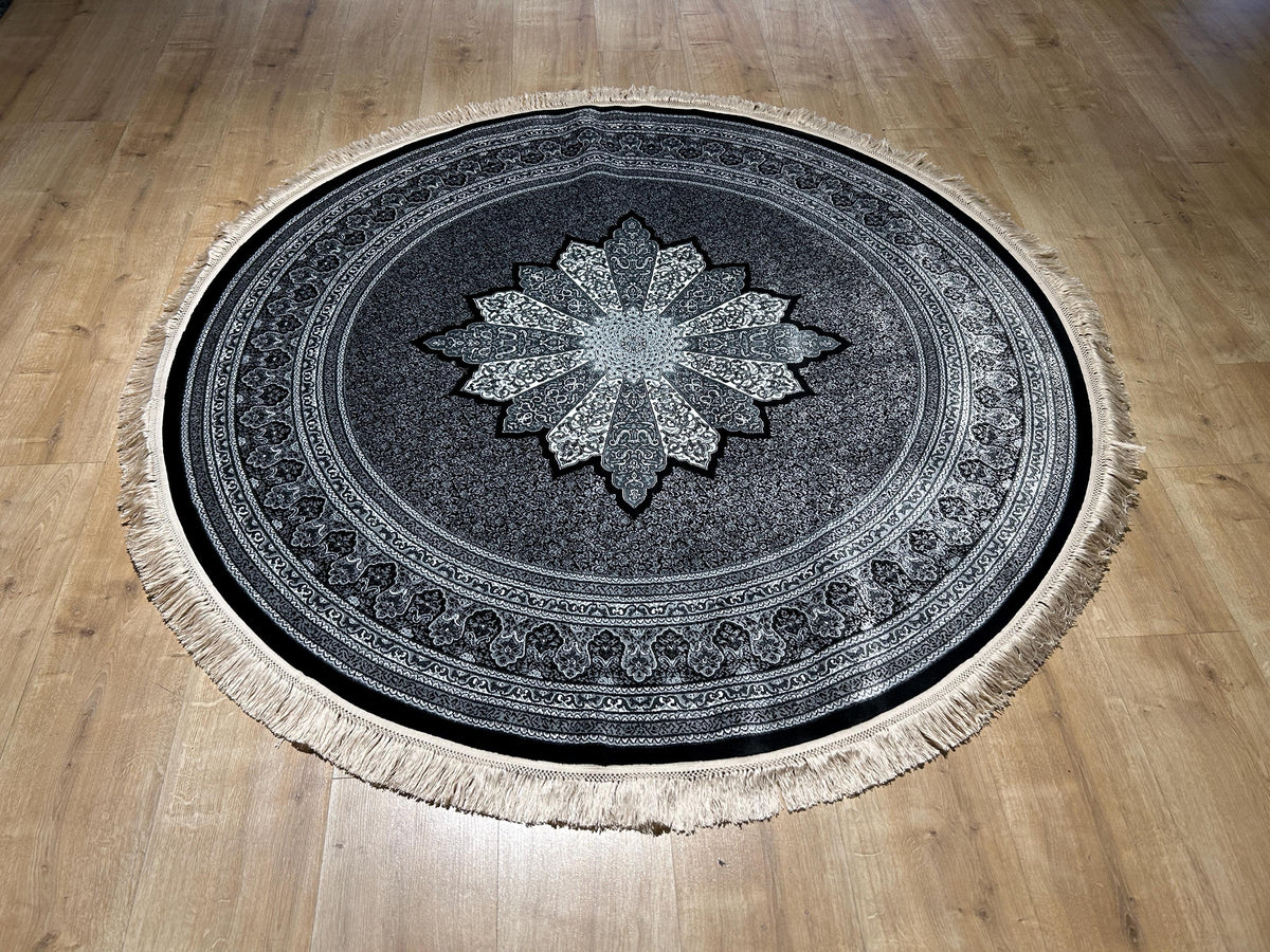 Black Gray Round Silk Rug, Medallion Design, Classic Luxury Area Rug
