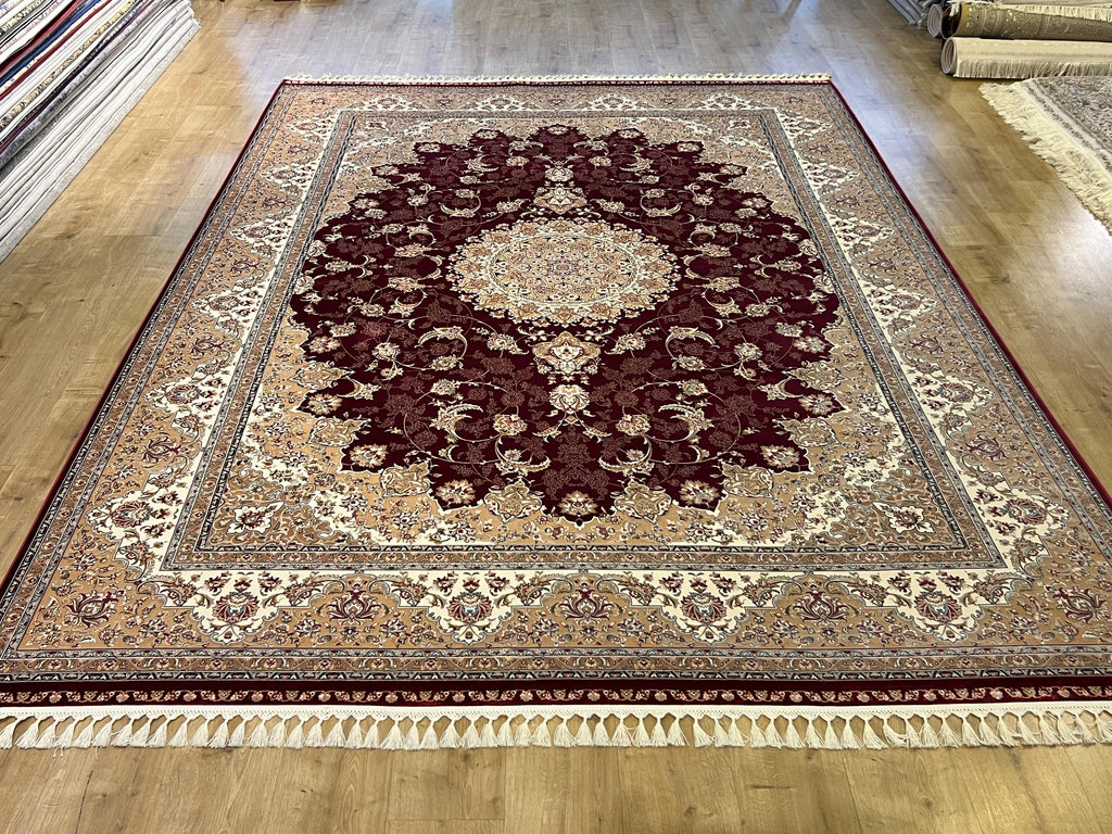 8x11 ft Classic Silk Carpet, Red Base Gold Medallion, Turkish Style Oversize Rug