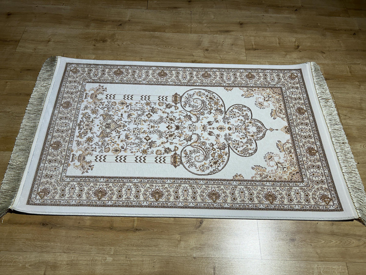 2.55x4.10 Ft Ivory Brown Silk Prayer Rug, Muslim Gift Prayer Mat