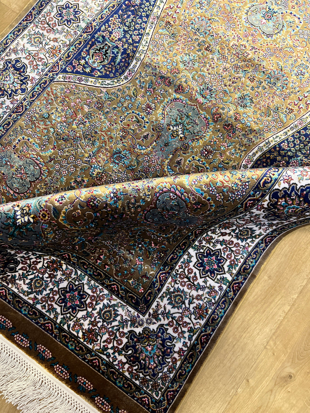 Gold Blue Silk Prayer Rug, Janamaz Mat, Muslim Gift Mat (2.62 X 4.10)
