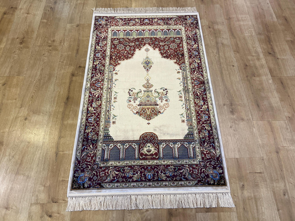Silk Prayer Rug, Red Cream Muslim Gift Mat, Janamaz Rug 2.62x4.10 ft