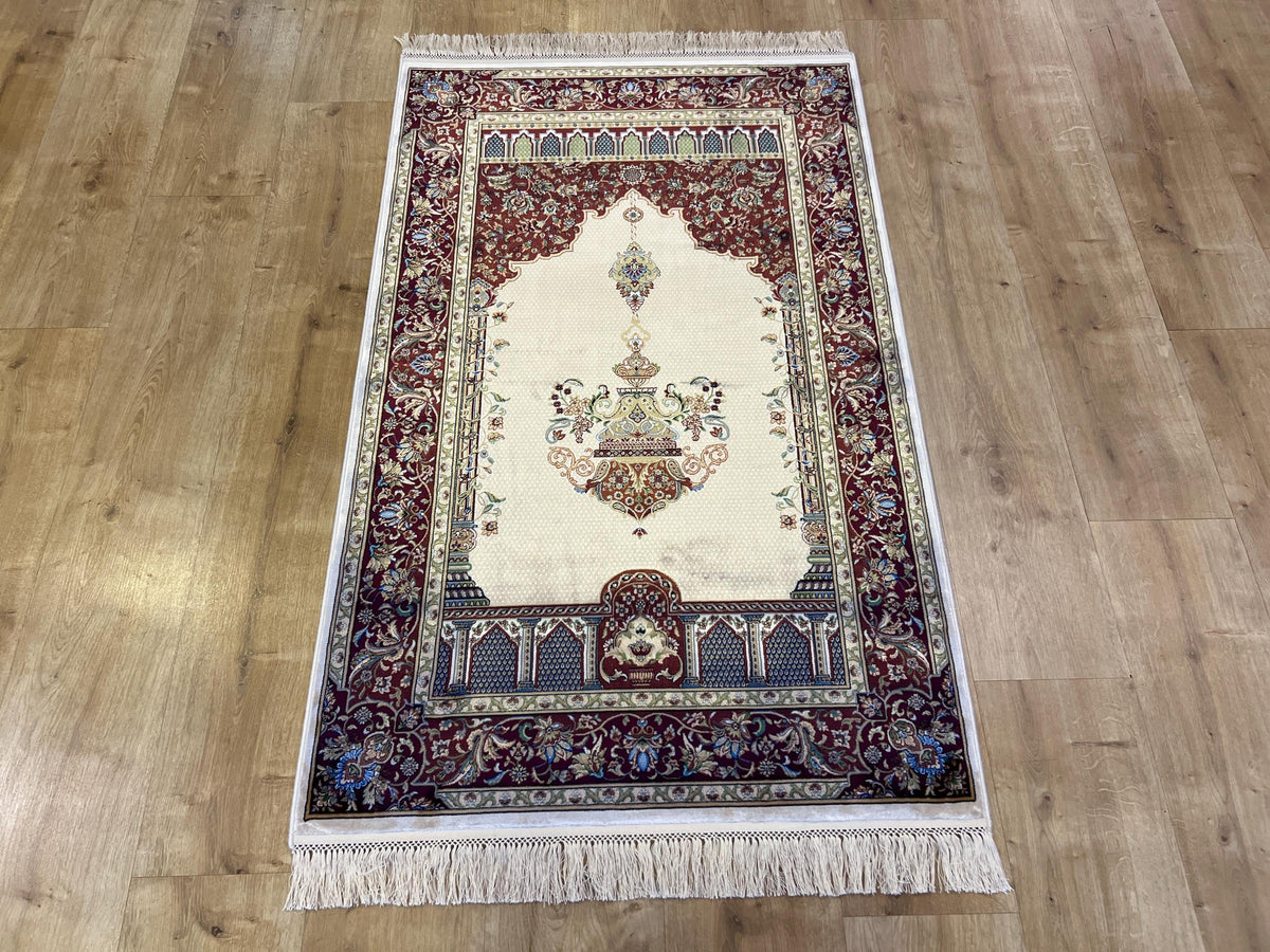 Silk Prayer Rug, Red Cream Muslim Gift Mat, Janamaz Rug 2.62x4.10 ft