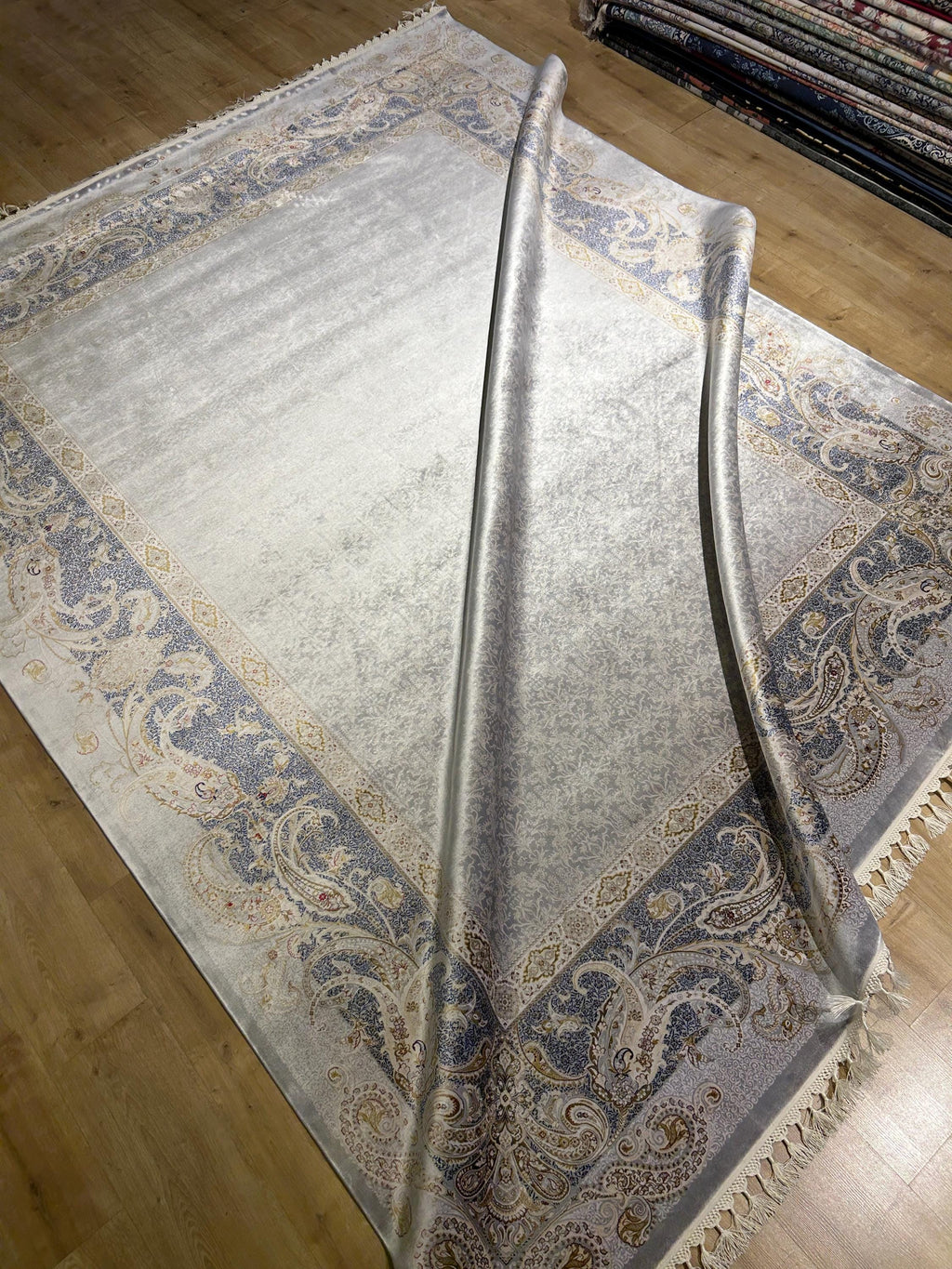8x10 ft Gray Silk Rug,  Gray  Gold Border Design Turkish Carpet, Luxury Home Decor