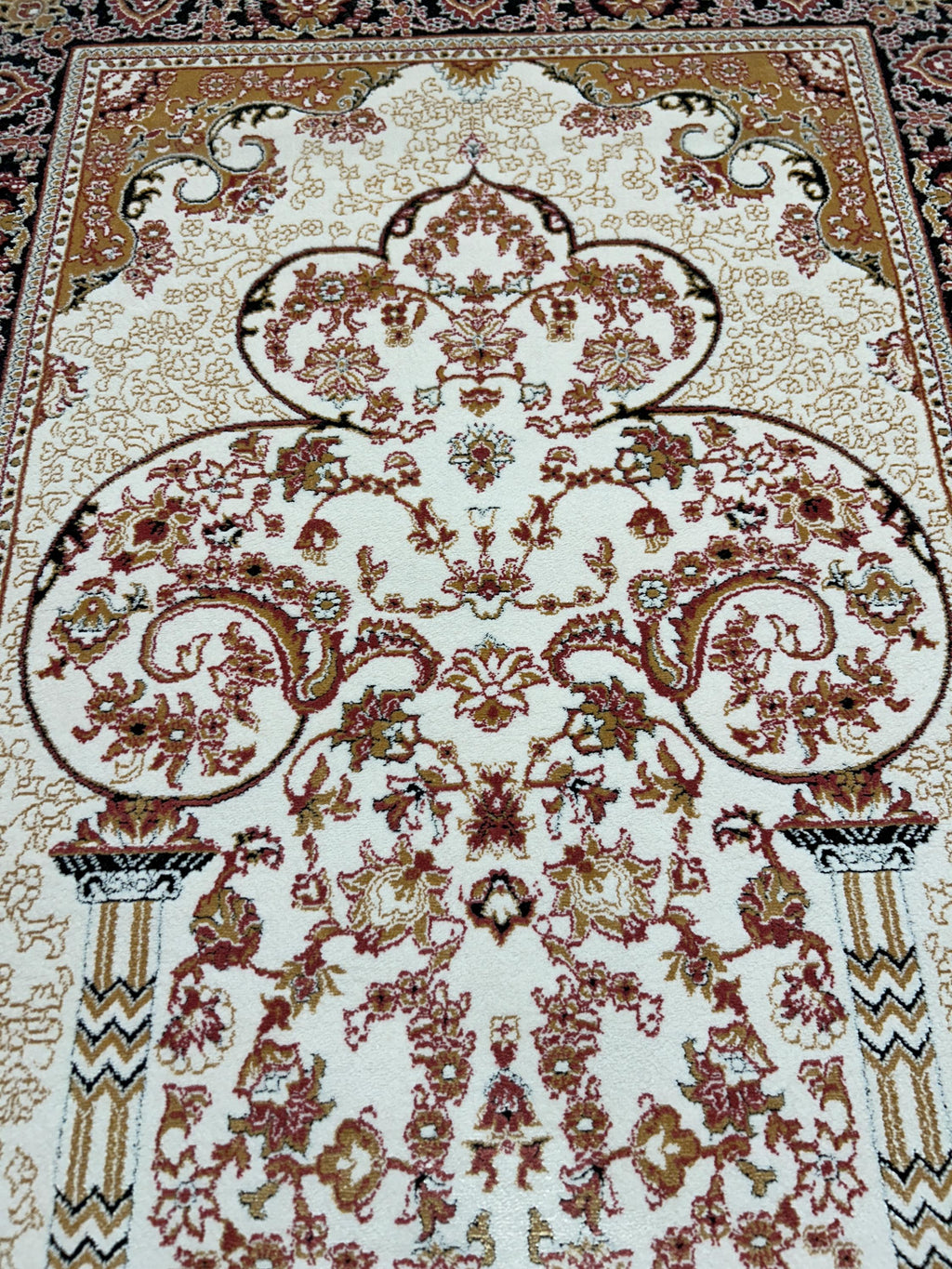2.55x4.10 Ft Ivory Black Pink Silk Prayer Rug, Muslim Gift Prayer Mat