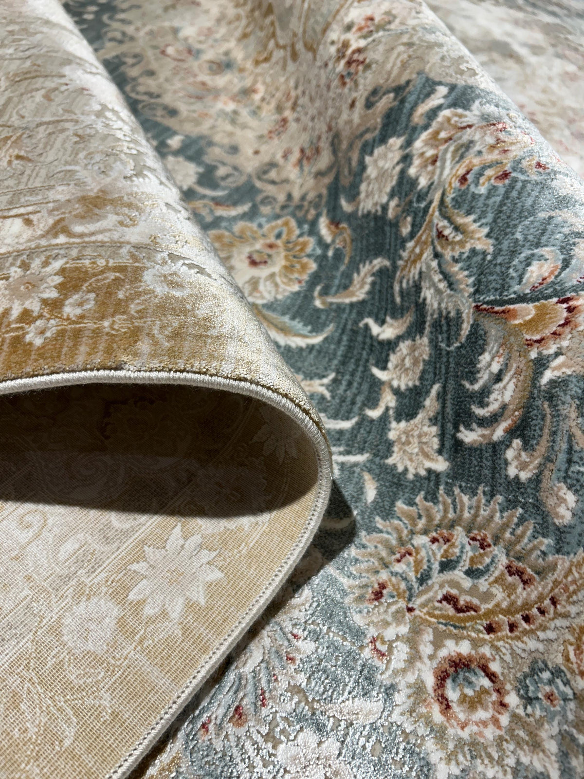 Beige Blue Silk Rug, Medallion Design Classic Silk Carpet