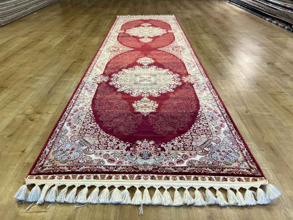 Red Medallion Silk Runner Rug, 3x10 ft, Classic Turkish Style Luxury Rug
