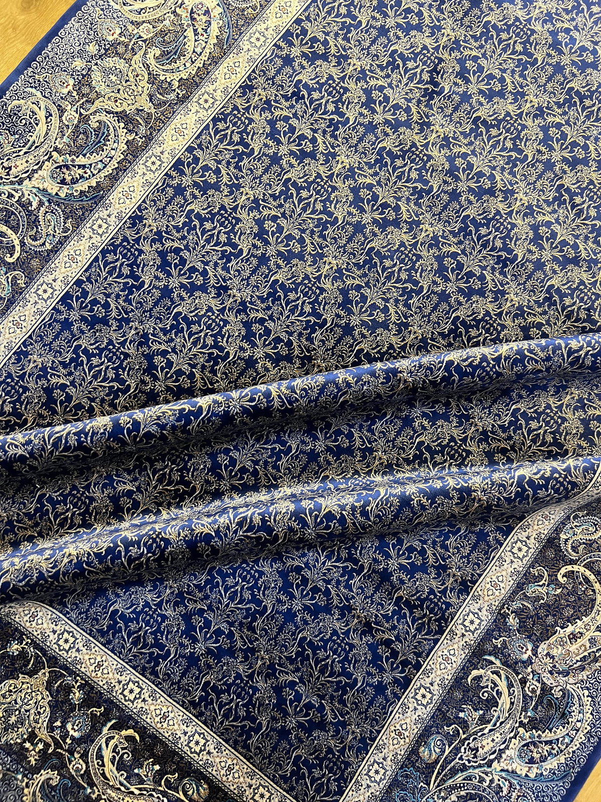 Dark Blue Silk Rug, Bordered Classic Turkish Carpet