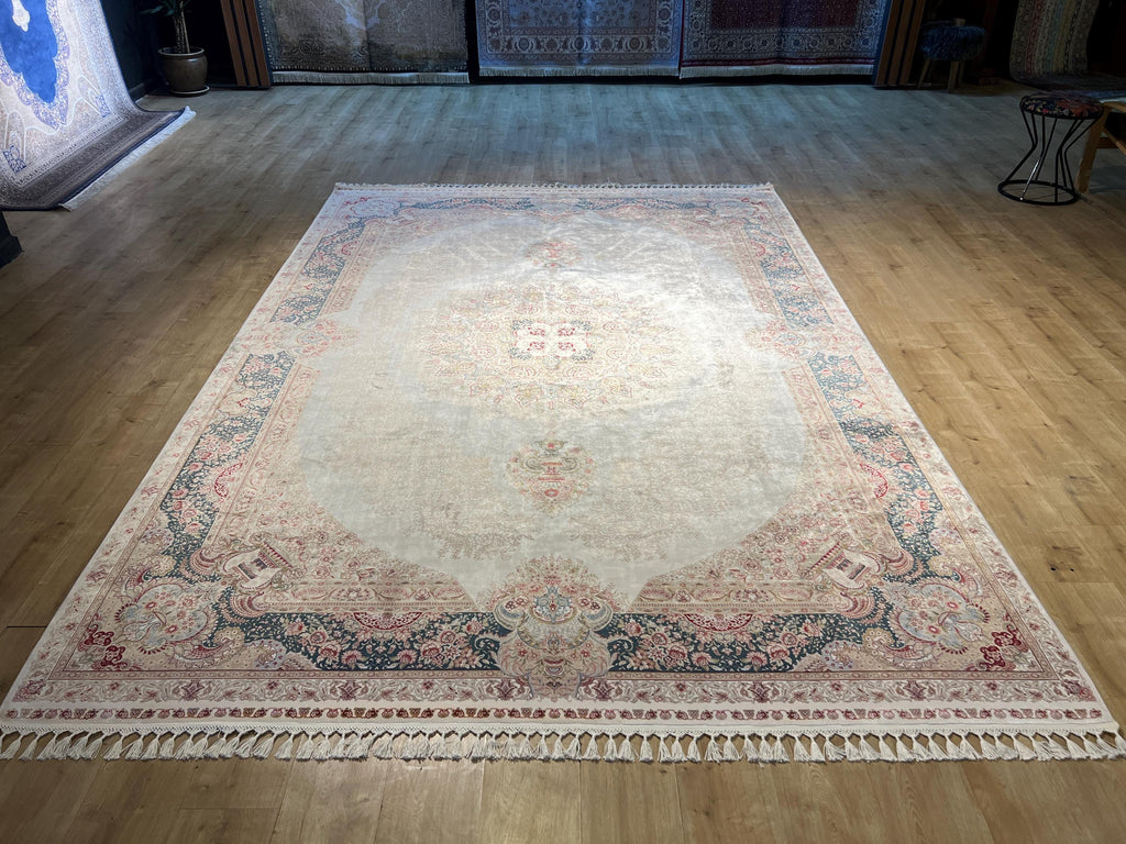 Cream Blue Silk Rug, Turkish Ottoman Style, 8x11 ft