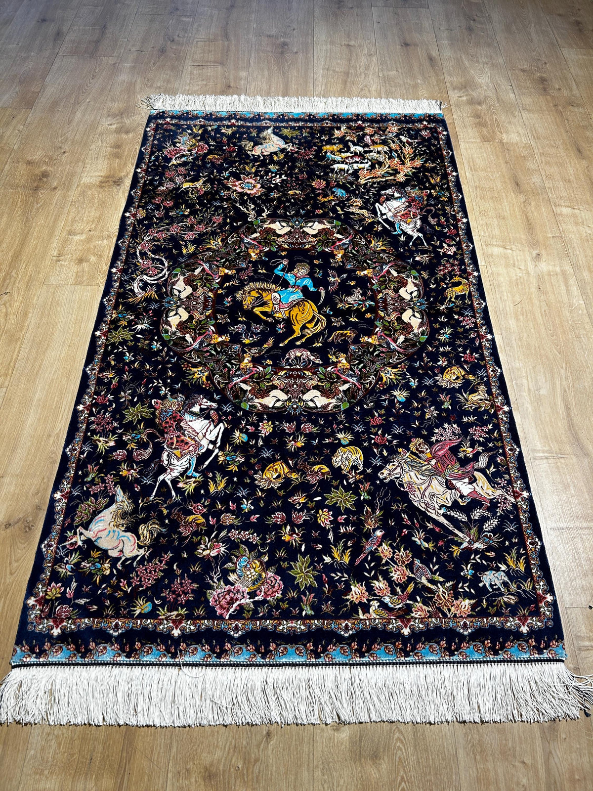 Blue Decorative Silk Tapestry Rug With Art Motifs, Floral Design