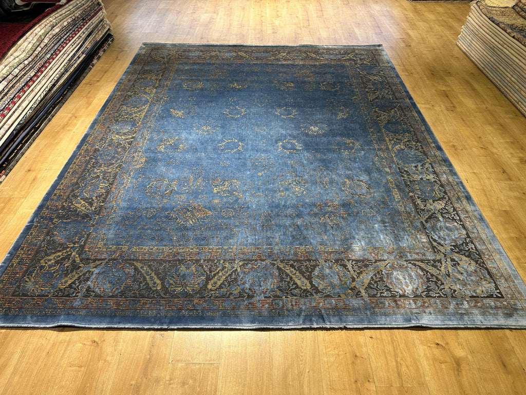 8x10 ft Blue Bamboo Rug, Distressed Pattern, Bordered Modern Rug