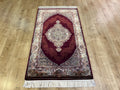 Red Silk Rug with Gold and Green Medallion, 3x5 ft, Classic Small Rug