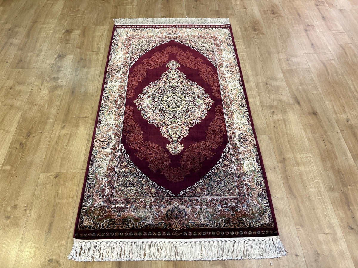 Red Silk Rug with Gold and Green Medallion, 3x5 ft, Classic Small Rug