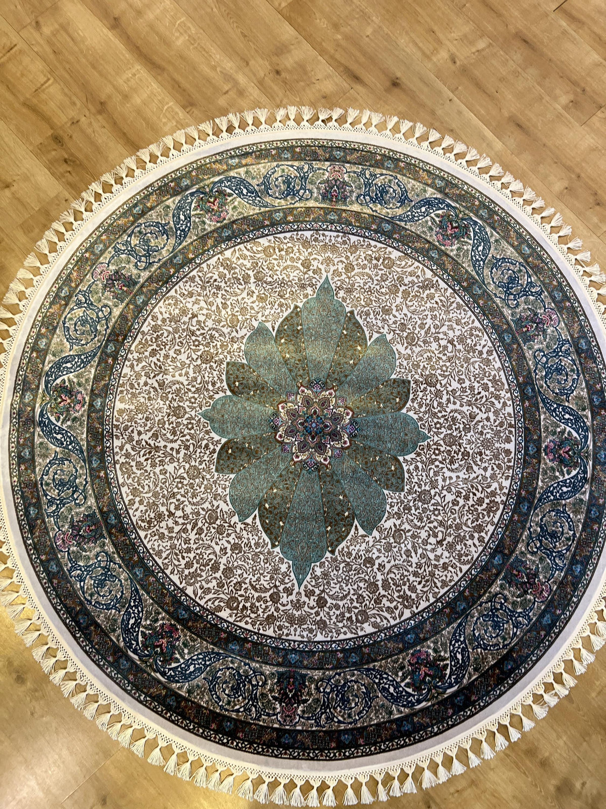 Floral Silk Circle Rug, Green Blue Gold, Turkish Carpet (5.24 ft)