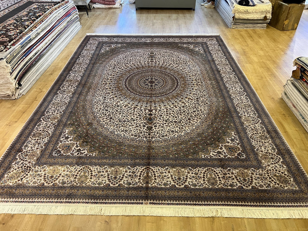 Bamboo Silk Ivory Rug 10x13 ft, Luxury Large Rug with Classic Medallion Design