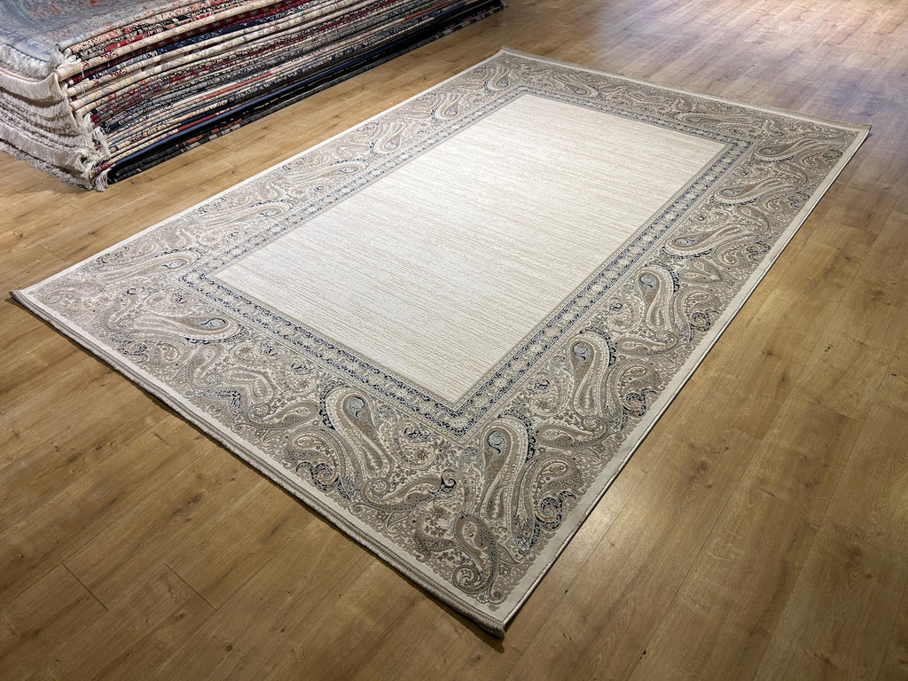 Cream Background Bamboo Rug with Beige Gray Navy Blue Border Design, Classic Home Decor