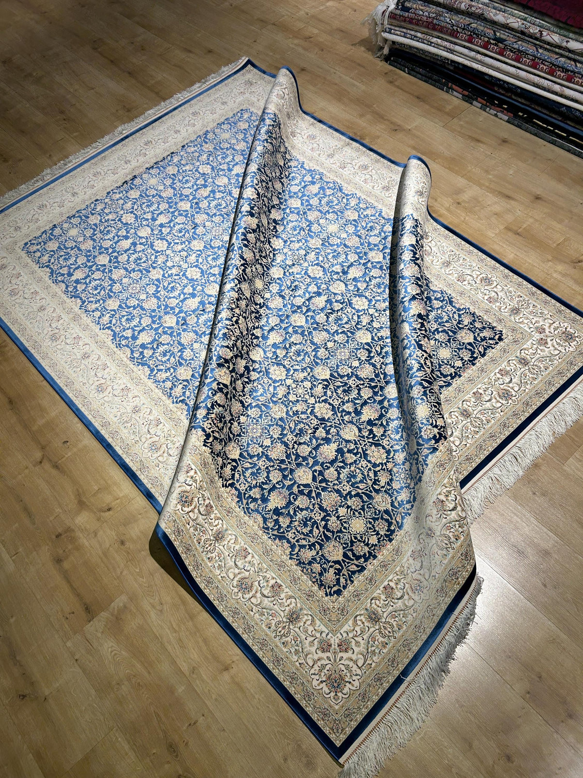 7x10 ft Floral Blue Silk Rug, Classic Silk Carpet, Luxury Home Decor